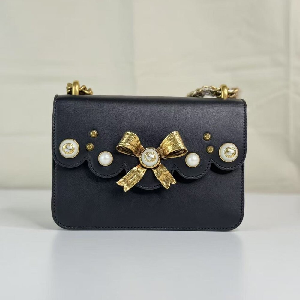 Gucci Black Pearly Peony Chain Shoulder Bag Leather